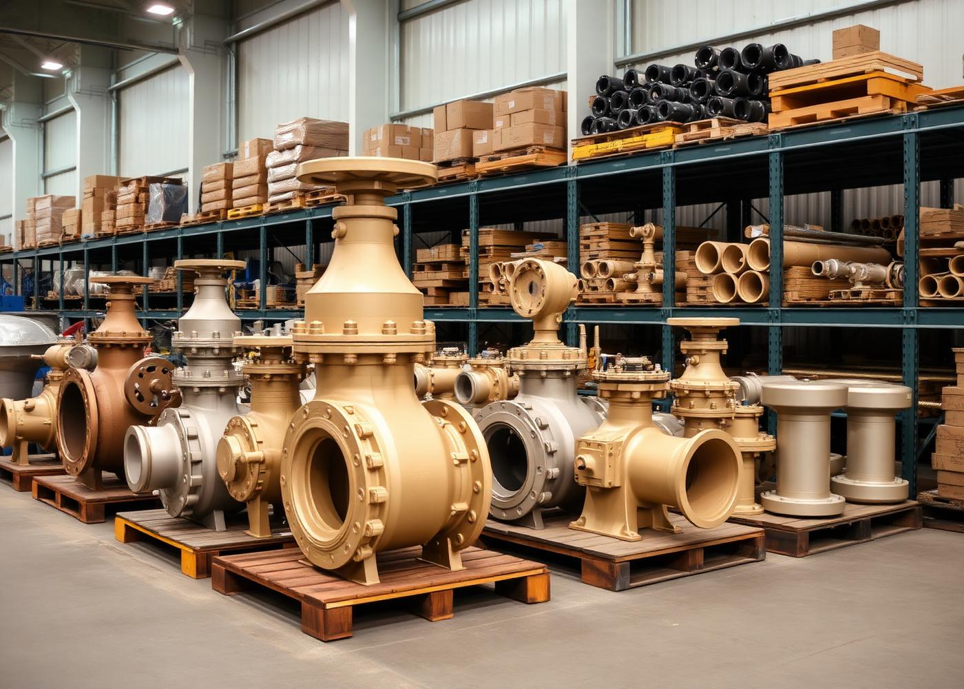Long-lead valves and pipe fittings staged on pallets in a climate-controlled warehouse.